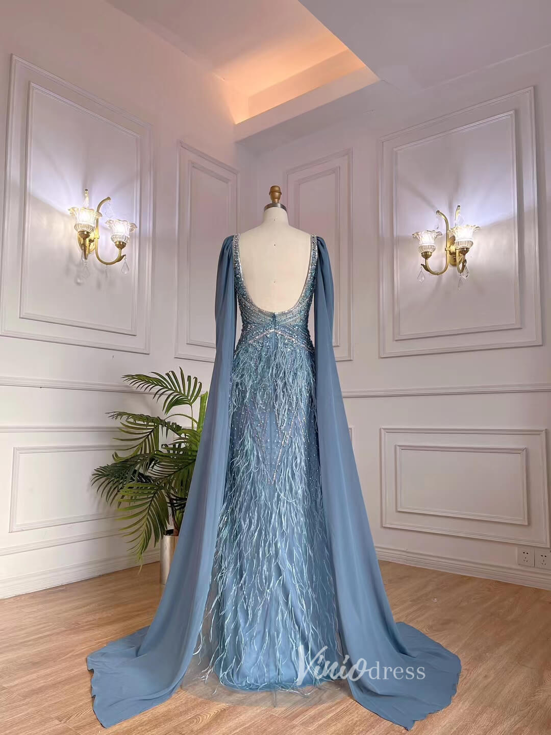 Prom Dress 2025 Dusty Blue Beaded Feather Evening Dressses Chiffon Cape Prom Dress 20003B-unique prom dresses-Dusty Blue-US 2-Viniodress