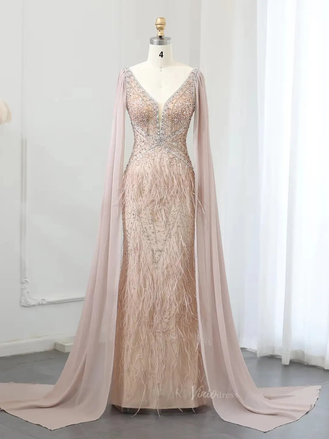 prom dresses 2025 Beaded Feather Prom Dresses with Cape Sleeve Vintage Mermaid 1920s Formal Dresses 20003B-plus size wedding dresses Viniodress-Champagne-US 2-