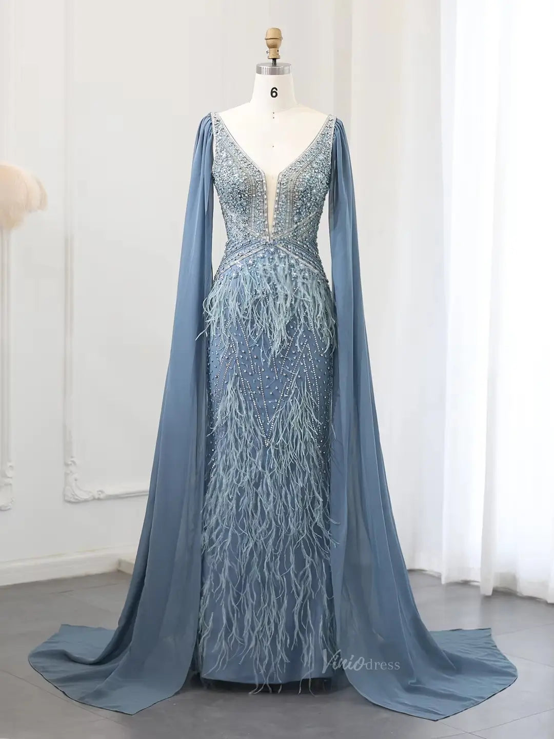 prom dresses 2025 Beaded Feather Prom Dresses with Cape Sleeve Vintage Mermaid 1920s Formal Dresses 20003B-plus size wedding dresses Viniodress-Dusty Blue-US 2-