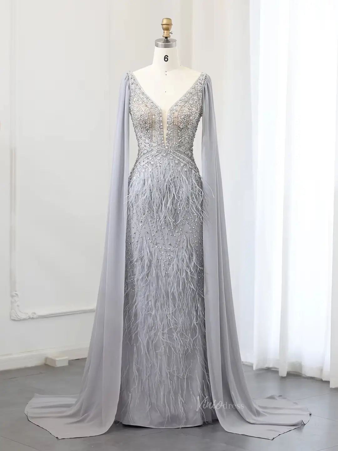 prom dresses 2025 Beaded Feather Prom Dresses with Cape Sleeve Vintage Mermaid 1920s Formal Dresses 20003B-plus size wedding dresses Viniodress-Grey-US 2-