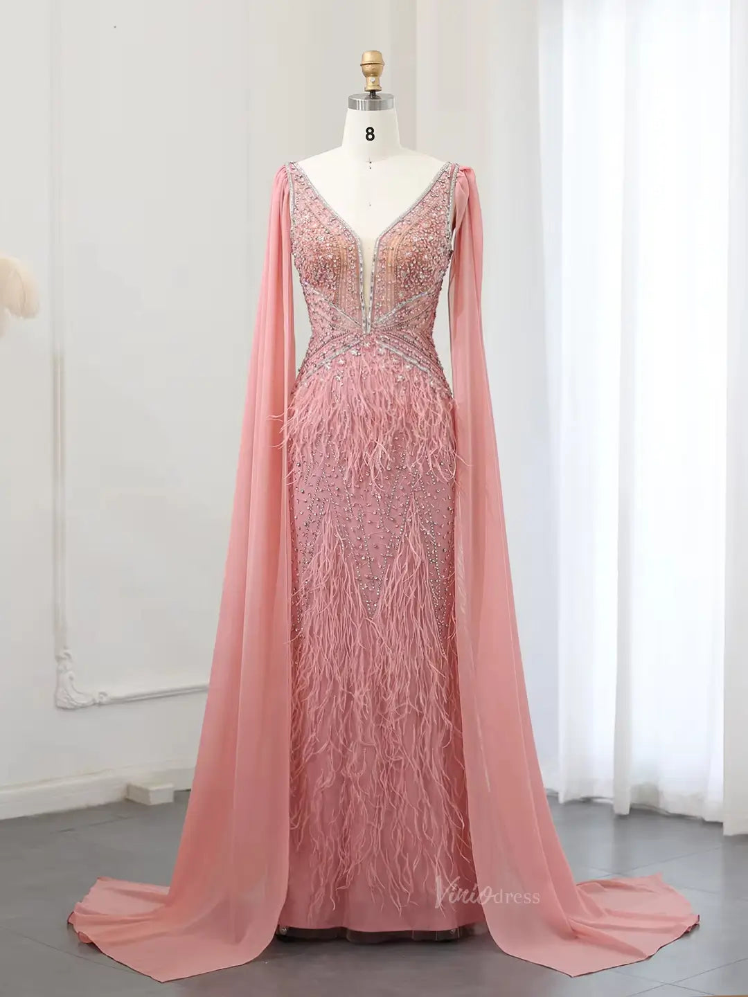 prom dresses 2025 Beaded Feather Prom Dresses with Cape Sleeve Vintage Mermaid 1920s Formal Dresses 20003B-plus size wedding dresses Viniodress-Pink-US 2-