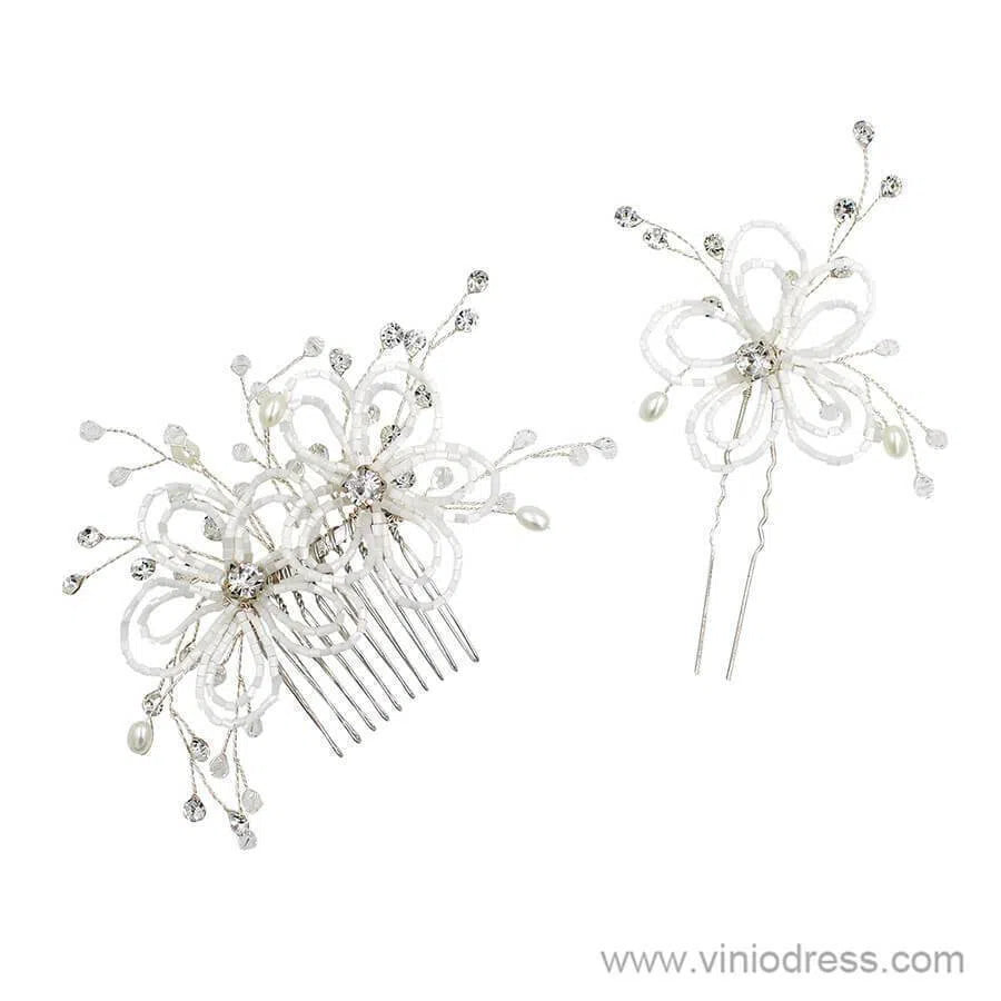 Beaded Floral Bridal Comb Silver Crystal Hairpin Viniodress ACC1131-Headpieces 2025 -Viniodress-Comb&Hairpin-