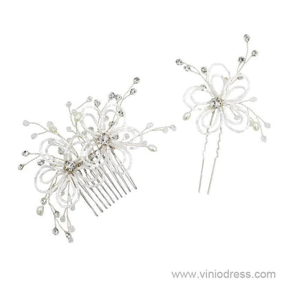 Beaded Floral Bridal Comb Silver Crystal Hairpin Viniodress ACC1131-Headpieces 2025 -Viniodress-Comb&Hairpin-