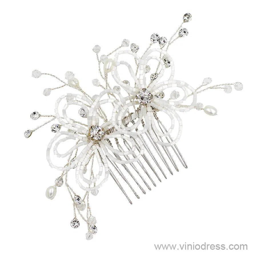 Beaded Floral Bridal Comb Silver Crystal Hairpin Viniodress ACC1131-Headpieces-Viniodress-Viniodress