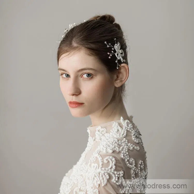 Beaded Floral Bridal Comb Silver Crystal Hairpin Viniodress ACC1131-Headpieces-Viniodress-Viniodress