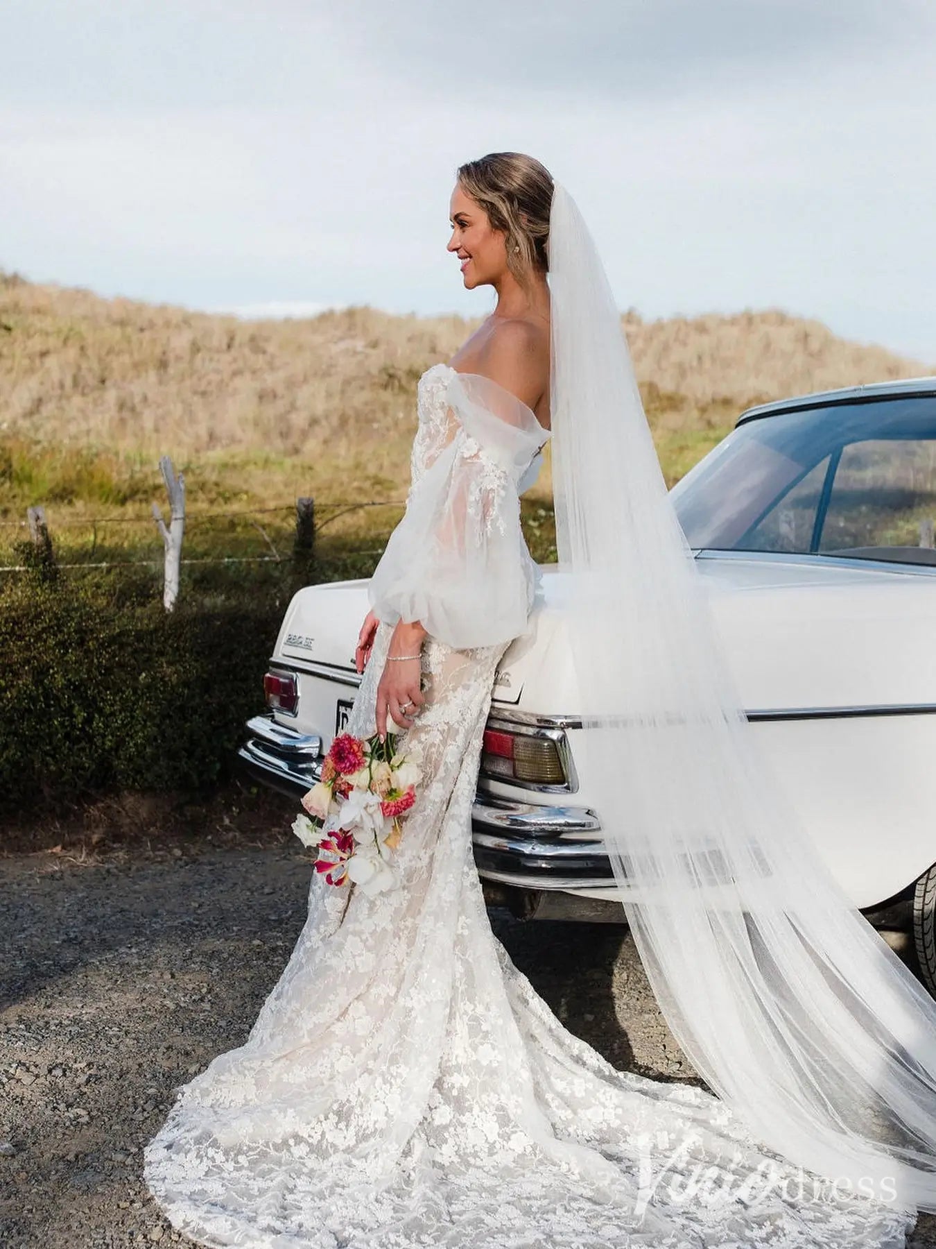 Beaded Floral Lace Mermaid Wedding Dress with Puff Long Sleeves, Corset Back – ML102C-wedding dresses 2025 -Viniodress-Ivory-Custom Size-