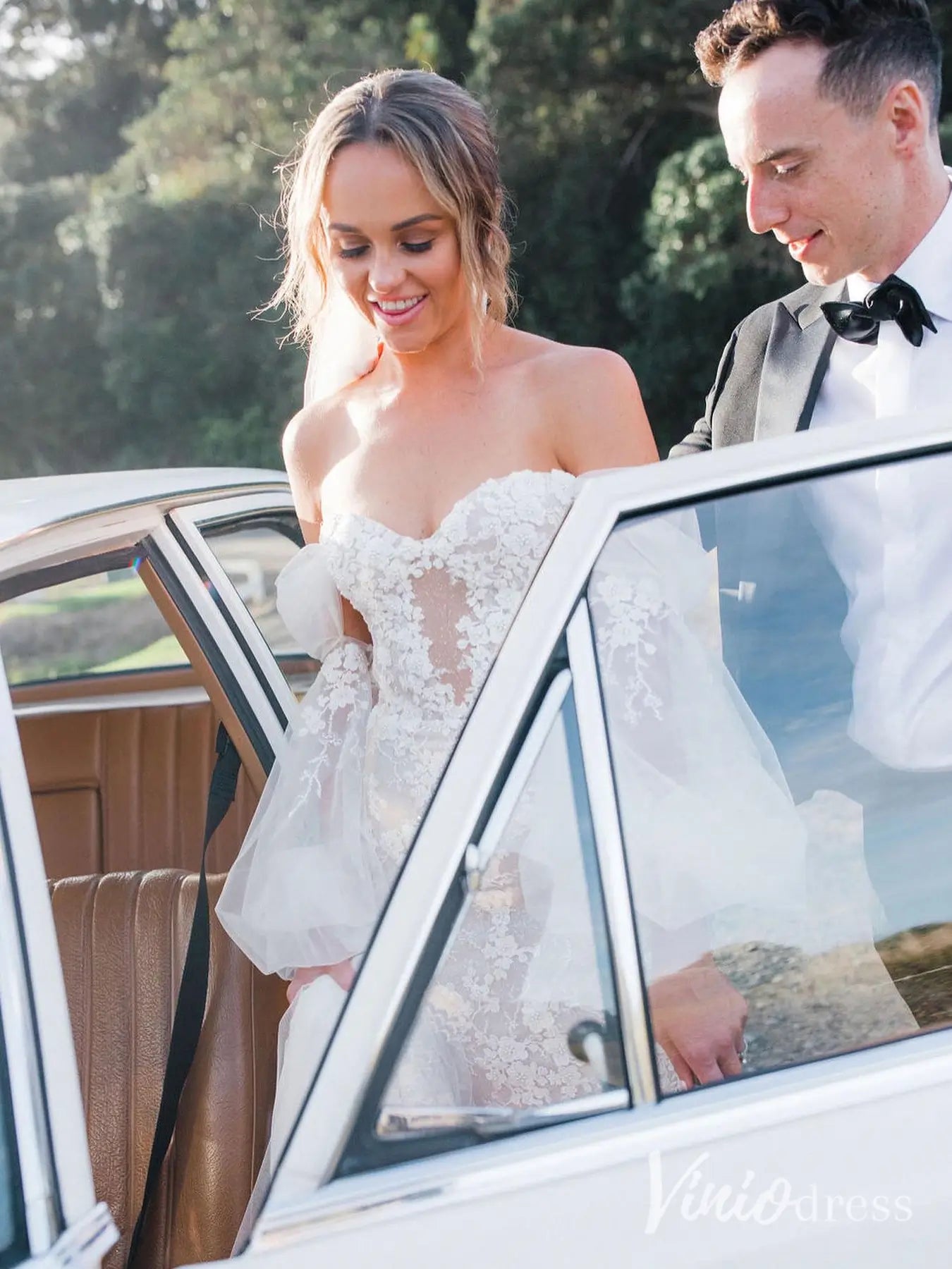 Beaded Floral Lace Mermaid Wedding Dress with Puff Long Sleeves, Corset Back – ML102C-wedding dresses 2025 -Viniodress-Ivory-Custom Size-