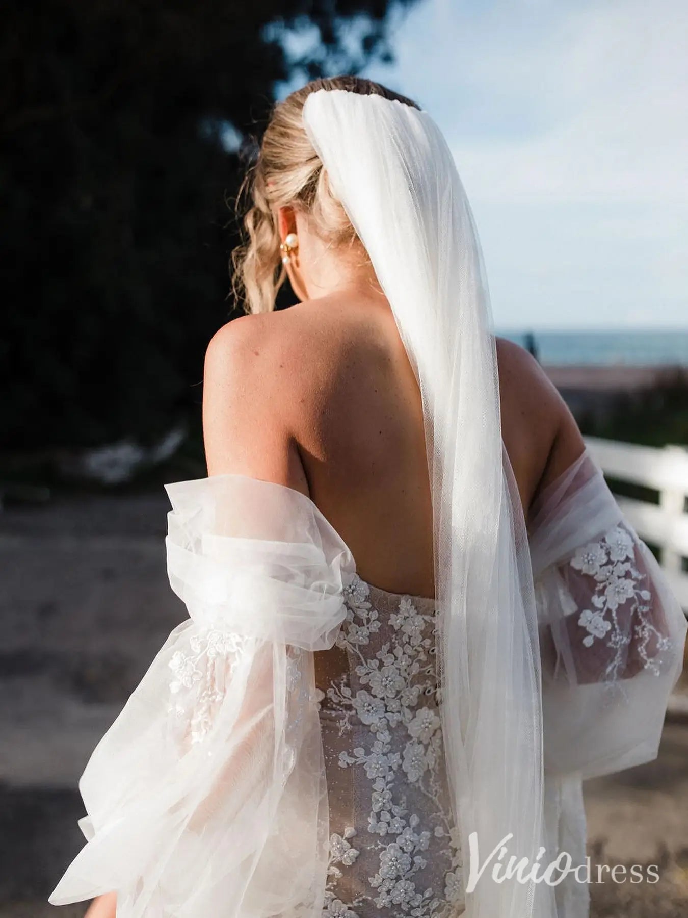 Beaded Floral Lace Mermaid Wedding Dress with Puff Long Sleeves, Corset Back – ML102C-wedding dresses 2025 -Viniodress-Ivory-Custom Size-