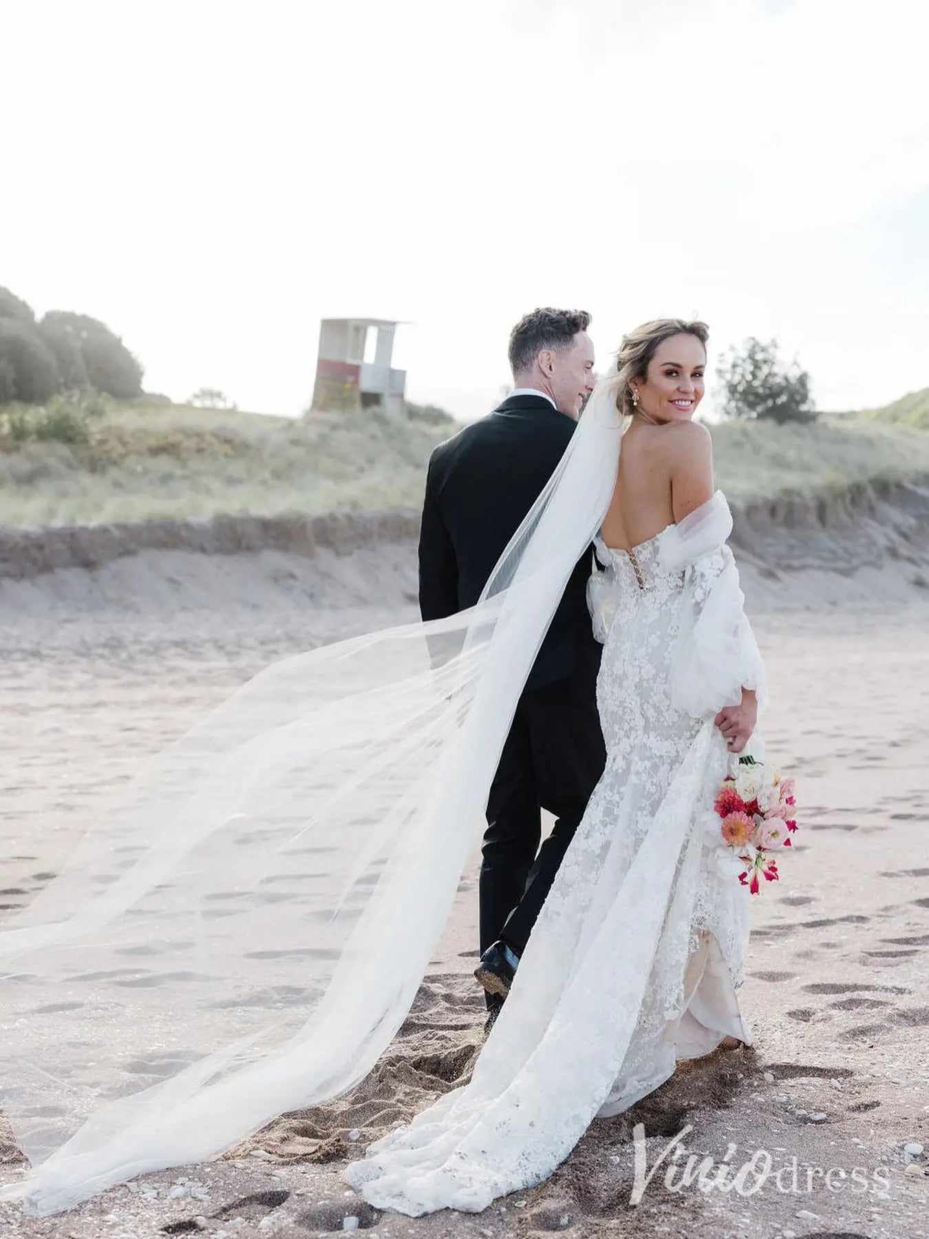 Beaded Floral Lace Mermaid Wedding Dress with Puff Long Sleeves, Corset Back – ML102C-wedding dresses 2025 -Viniodress-Ivory-Custom Size-