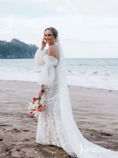 Beaded Floral Lace Mermaid Wedding Dress with Puff Long Sleeves, Corset Back – ML102C-wedding dresses 2025 -Viniodress-Ivory-Custom Size-