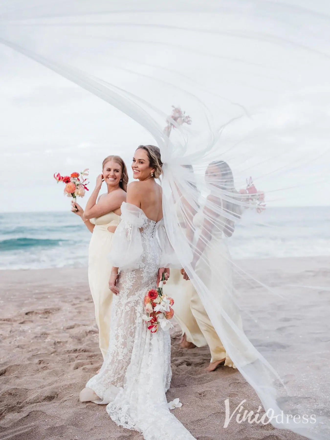 Beaded Floral Lace Mermaid Wedding Dress with Puff Long Sleeves, Corset Back – ML102C-wedding dresses 2025 -Viniodress-Ivory-Custom Size-