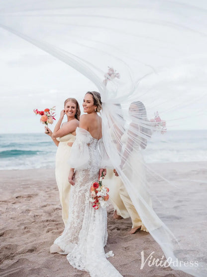 Beaded Floral Lace Mermaid Wedding Dress with Puff Long Sleeves, Corset Back – ML102C-wedding dresses 2025 -Viniodress-Ivory-Custom Size-