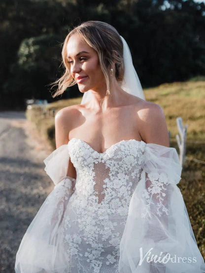 Beaded Floral Lace Mermaid Wedding Dress with Puff Long Sleeves, Corset Back – ML102C-wedding dresses 2025 -Viniodress-Ivory-Custom Size-