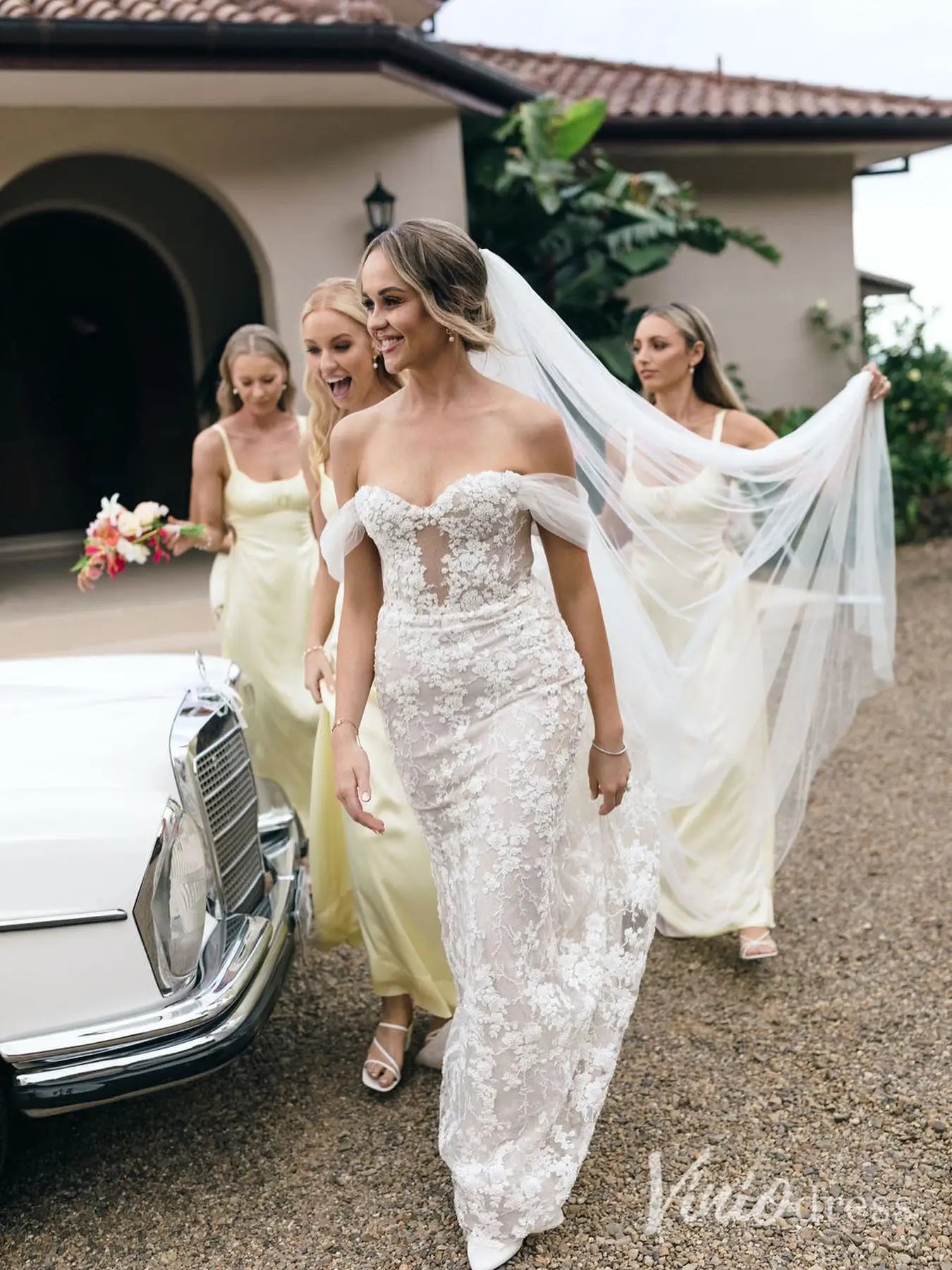 Beaded Floral Lace Mermaid Wedding Dress with Puff Long Sleeves, Corset Back – ML102C-wedding dresses 2025 -Viniodress-Ivory-Custom Size-