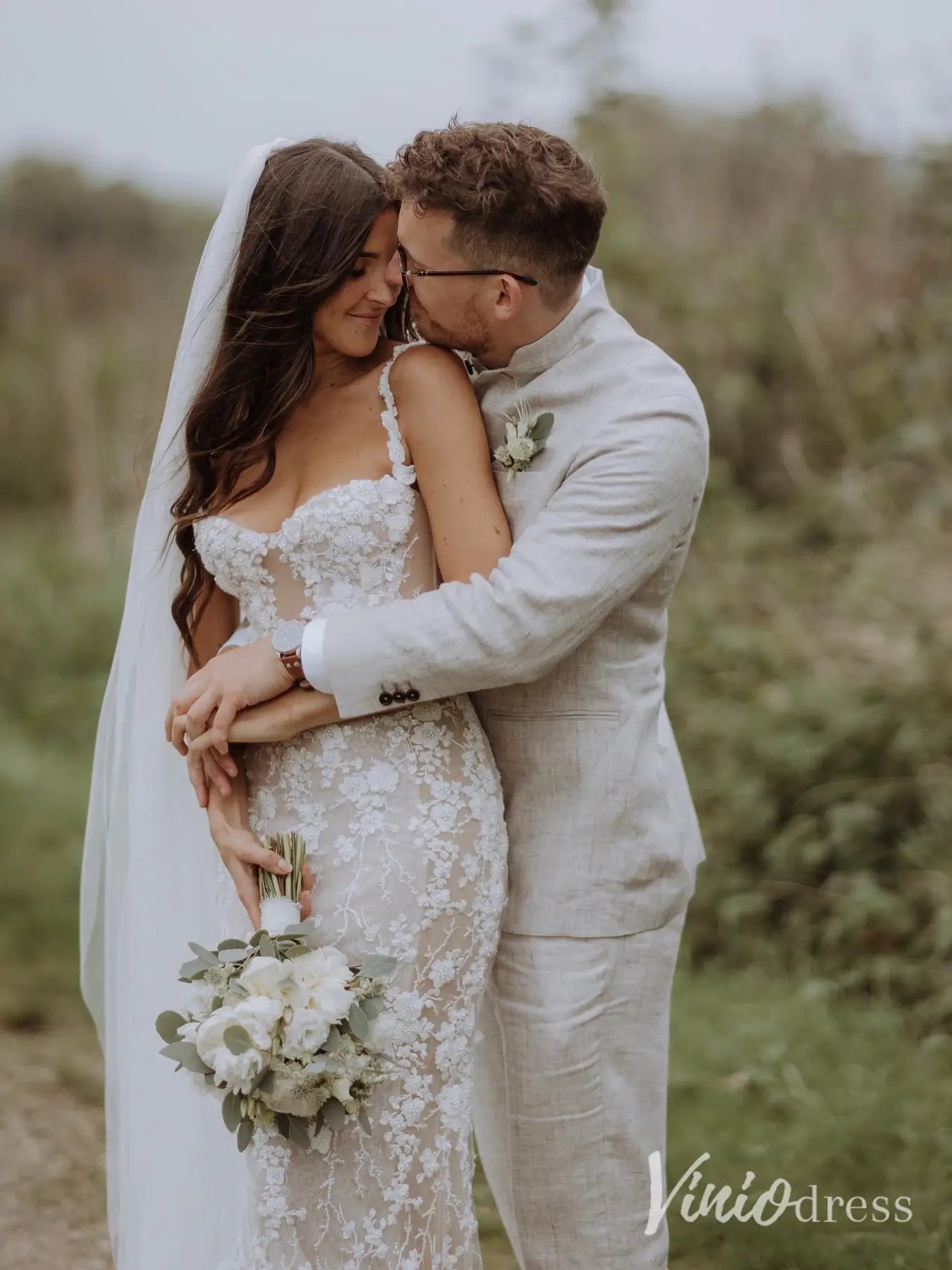 Beaded Floral Lace Mermaid Wedding Dress with Sheer Corset Bodice and Veil – ML102B-wedding dresses 2025 -Viniodress-Nude-Custom Size-