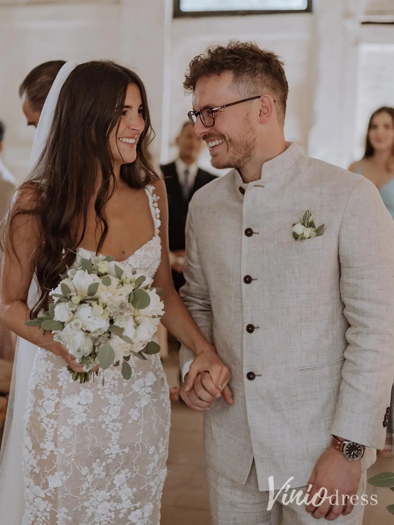 Beaded Floral Lace Mermaid Wedding Dress with Sheer Corset Bodice and Veil – ML102B-wedding dresses 2025 -Viniodress-Nude-Custom Size-