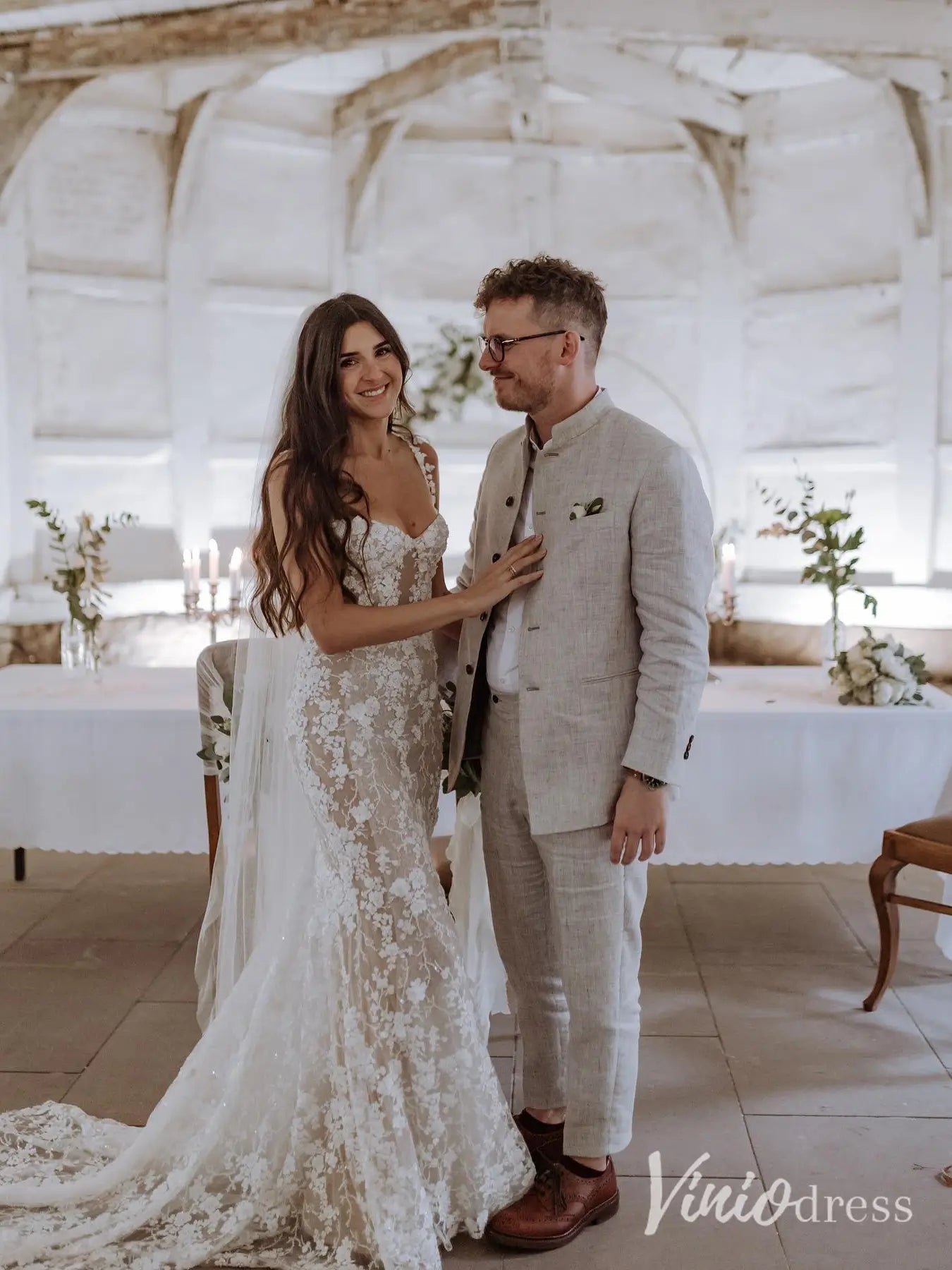 Beaded Floral Lace Mermaid Wedding Dress with Corset Bodice ML102B Viniodress Beaded Floral Lace Mermaid Wedding Dress with Corset Bodice ML102B Viniodress