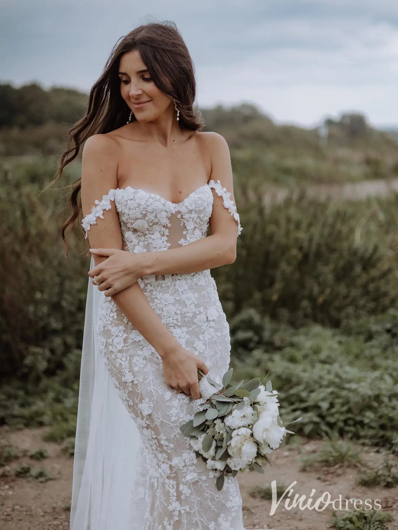 Beaded Floral Lace Mermaid Wedding Dress with Sheer Corset Bodice and Veil – ML102B-wedding dresses 2025 -Viniodress-Nude-Custom Size-