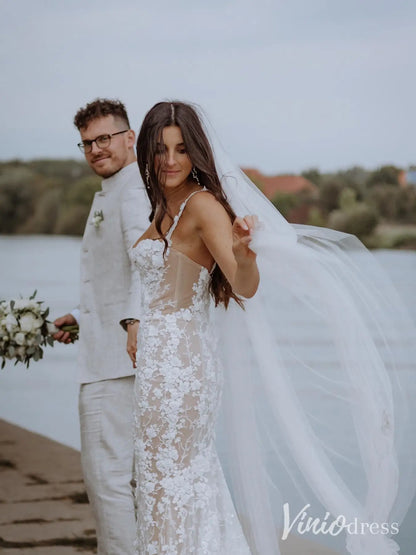 Beaded Floral Lace Mermaid Wedding Dress with Sheer Corset Bodice and Veil – ML102B-wedding dresses 2025 -Viniodress-Nude-Custom Size-