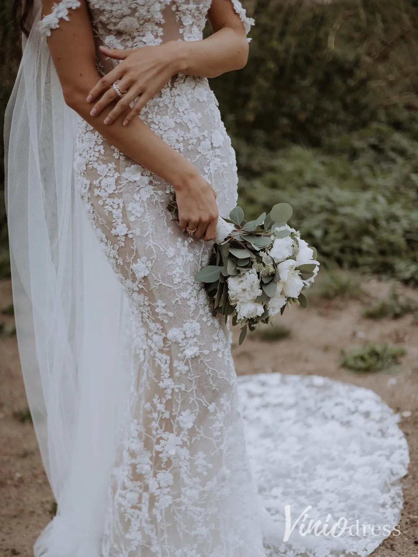 Beaded Floral Lace Mermaid Wedding Dress with Sheer Corset Bodice and Veil – ML102B-wedding dresses 2025 -Viniodress-Nude-Custom Size-
