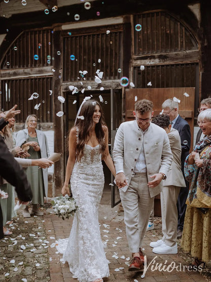 Beaded Floral Lace Mermaid Wedding Dress with Sheer Corset Bodice and Veil – ML102B-wedding dresses 2025 -Viniodress-Nude-Custom Size-