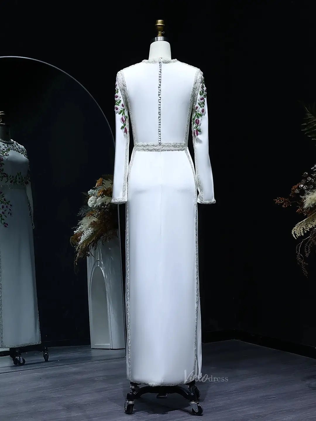 Beaded Floral Prom Dresses Sheath White Formal Dresses Long Sleeves BD Viniodress Beaded Floral Prom Dresses Sheath White Formal Dresses Long Sleeves BD Viniodress