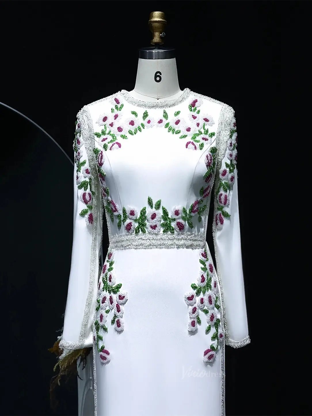 Beaded Floral Prom Dresses Sheath White Formal Dresses Long Sleeves BD016-Evening Dresses 2025 -Viniodress-White-US 2-