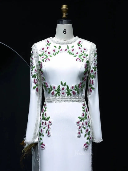 Beaded Floral Prom Dresses Sheath White Formal Dresses Long Sleeves BD016-Evening Dresses 2025 -Viniodress-White-US 2-