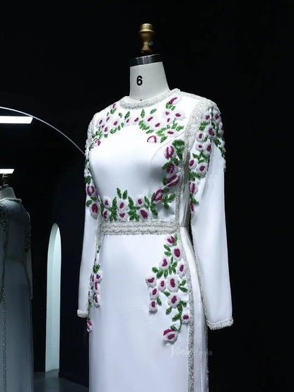Beaded Floral Prom Dresses Sheath White Formal Dresses Long Sleeves BD016-Evening Dresses 2025 -Viniodress-White-US 2-