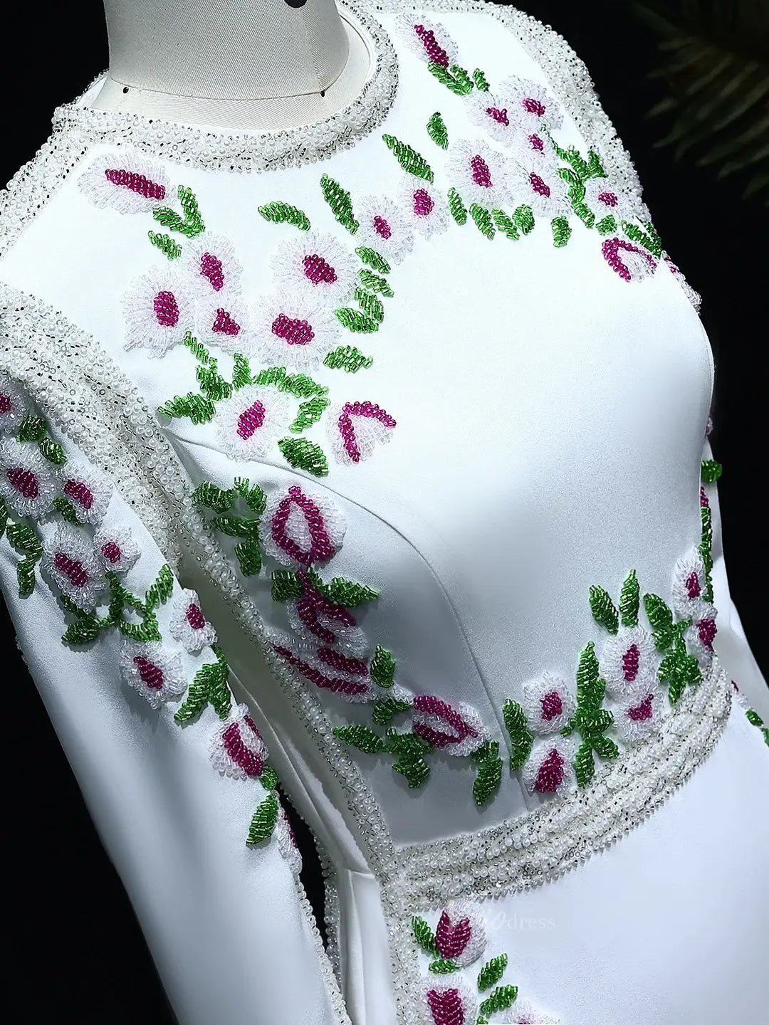 Beaded Floral Prom Dresses Sheath White Formal Dresses Long Sleeves BD016-Evening Dresses 2025 -Viniodress-White-US 2-