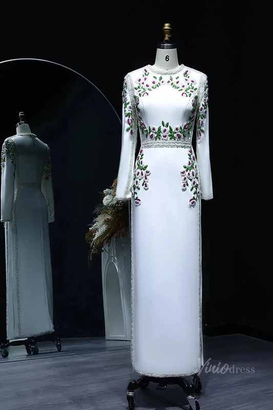 Beaded Floral Prom Dresses Sheath White Formal Dresses Long Sleeves BD016-Evening Dresses 2025 -Viniodress-White-US 2-