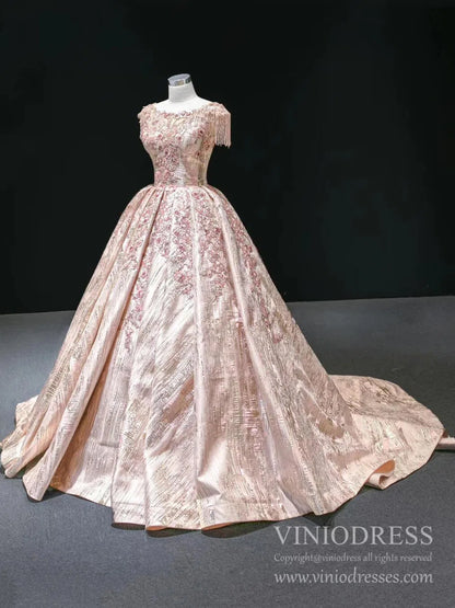 Beaded Floral Rose Gold Ball Gown Prom Dresses Long Train FD2403 viniodress-Quinceanera Dresses 2025 -Viniodress-As Picture-Custom Size-