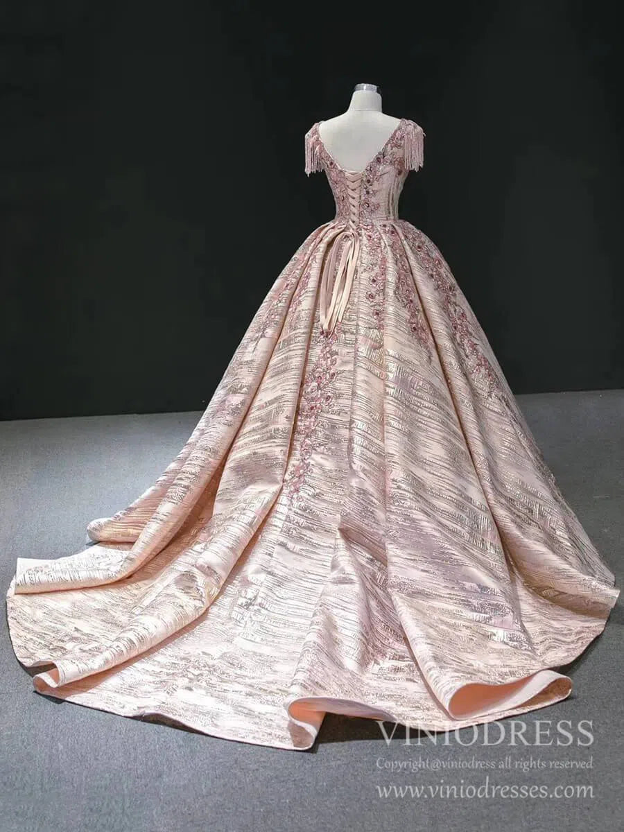 Beaded Floral Rose Gold Ball Gown Prom Dresses Long Train FD2403 viniodress-Quinceanera Dresses 2025 -Viniodress-As Picture-Custom Size-