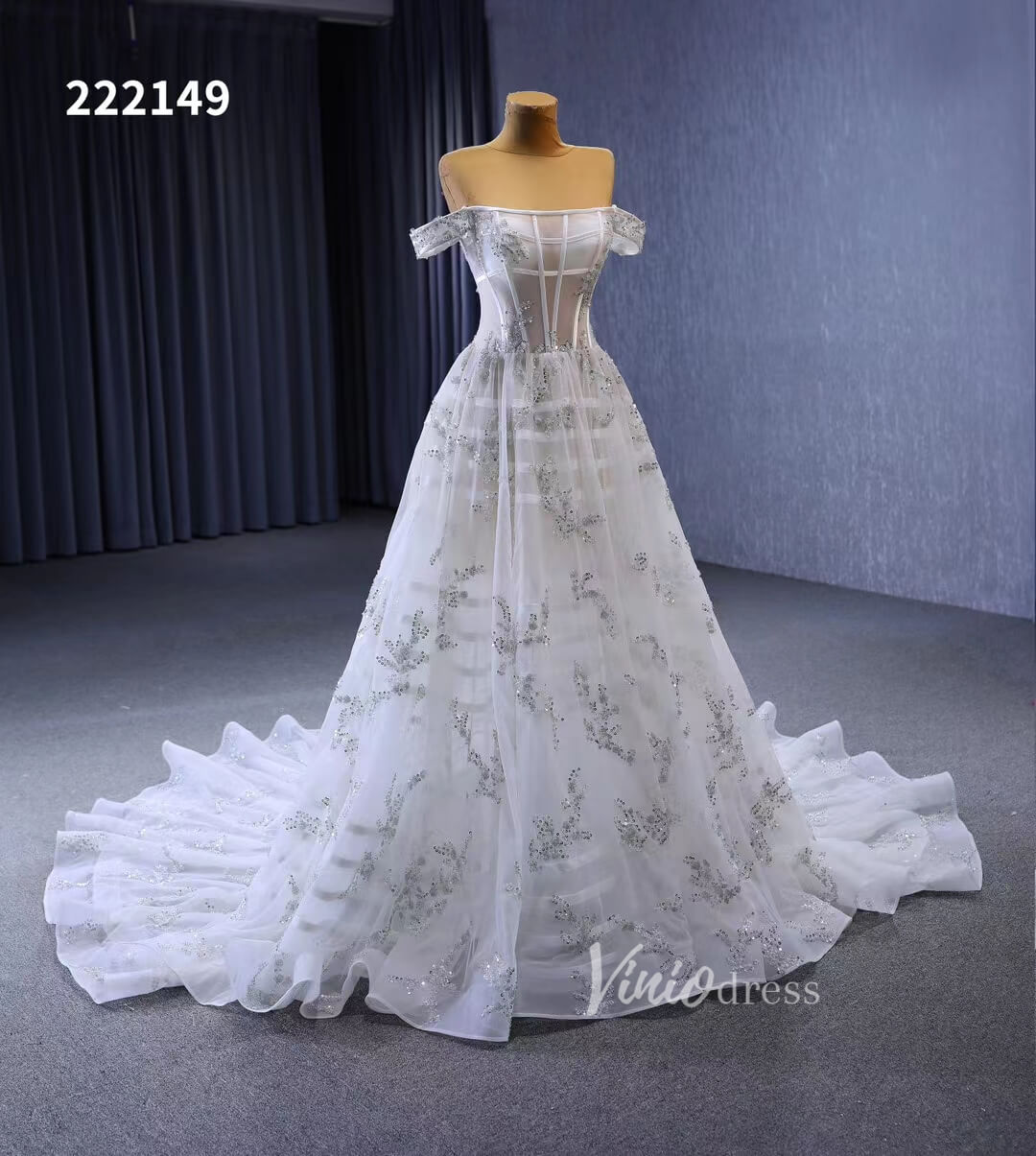 Beaded Floral Wedding Dresses Off the Shoulder 222149 - Viniodresswedding dressesIvoryCustom Size - Formal Dresses - Ball Gowns