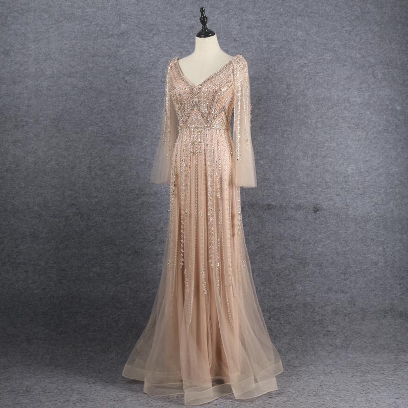 Beaded Formal Evening Dresses V-neck Long Sleeve Prom Dress FD2606-Evening Dresses 2025 -VINIODRESS-Gold-US2-