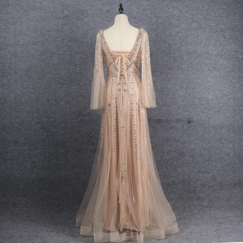 Beaded Formal Evening Dresses V-neck Long Sleeve Prom Dress FD2606-Evening Dresses 2025 -VINIODRESS-Gold-US2-