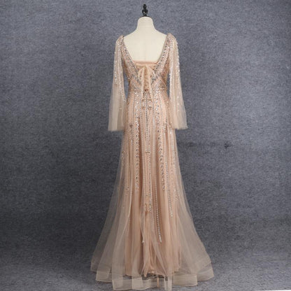 Beaded Formal Evening Dresses V-neck Long Sleeve Prom Dress FD2606-Evening Dresses 2025 -VINIODRESS-Gold-US2-