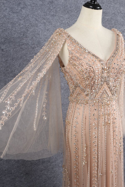 Beaded Formal Evening Dresses V-neck Long Sleeve Prom Dress FD2606-Evening Dresses 2025 -VINIODRESS-Gold-US2-