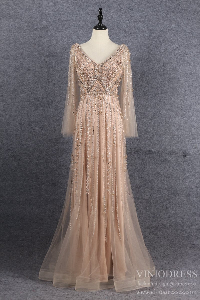 Beaded Formal Evening Dresses V-neck Long Sleeve Prom Dress FD2606-Evening Dresses 2025 -VINIODRESS-Gold-US2-