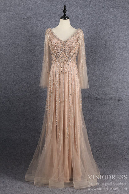 Beaded Formal Evening Dresses V-neck Long Sleeve Prom Dress FD2606-Evening Dresses 2025 -VINIODRESS-Gold-US2-