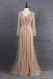 Prom Dress 2025 Beaded Formal Evening Dresses V-neck Long Sleeve Prom Dress FD2606-unique Prom Dresses-Gold-US2-Viniodress