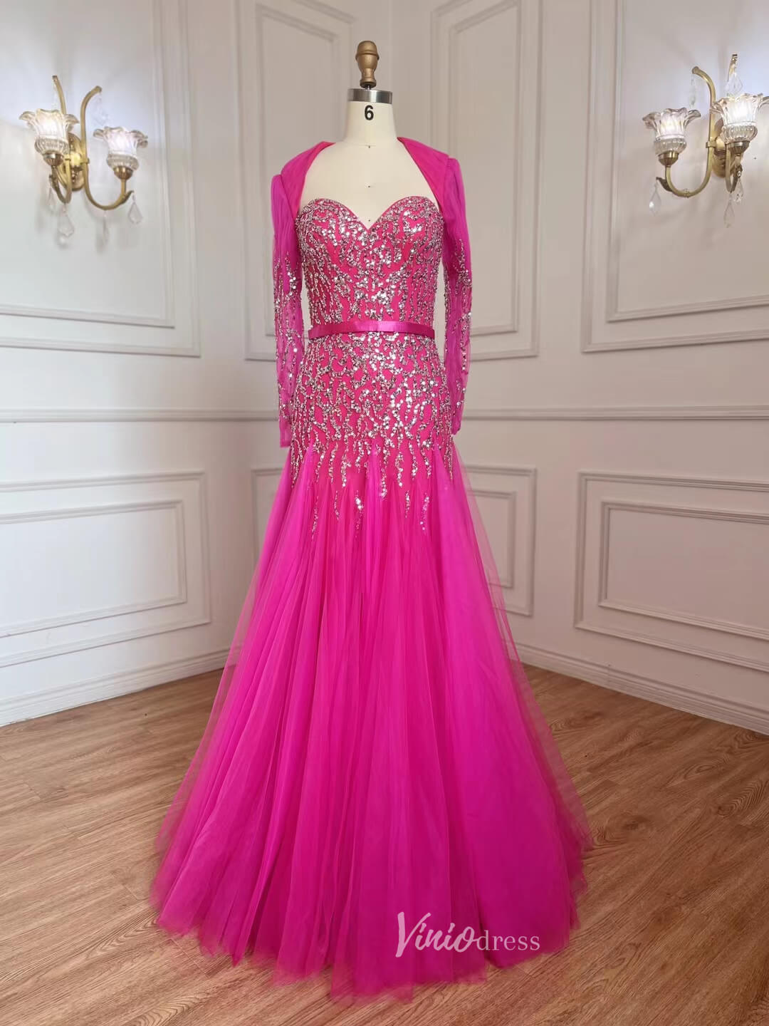 Beaded Fuchsia Evening Dresses Open Back Green Prom Dress 20060-Evening Dresses 2025 -Viniodress-Fuchsia-US 2-