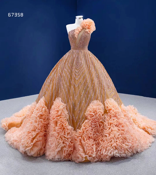 Beaded Gold Ball Gown Wedding Dress One Shoulder 67358-Quinceanera Dresses 2025 -Viniodress-Gold-Custom Size-