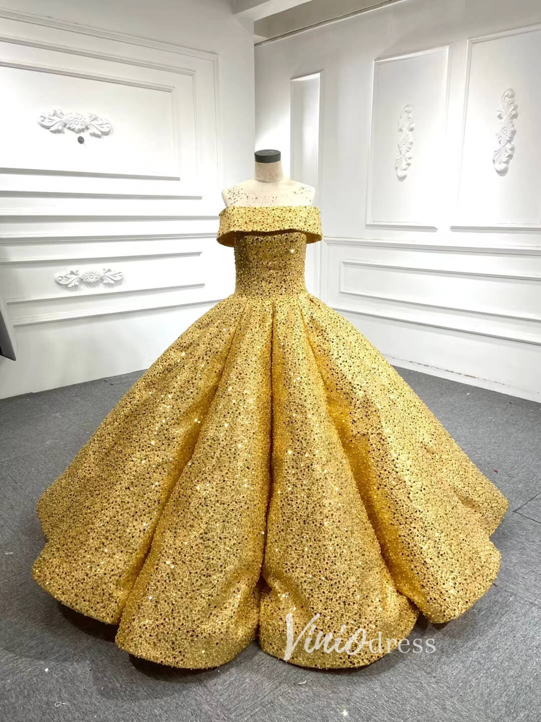 Beaded Gold Ball Gown Wedding Dresses 66567-Quinceanera Dresses-Viniodress-Viniodress