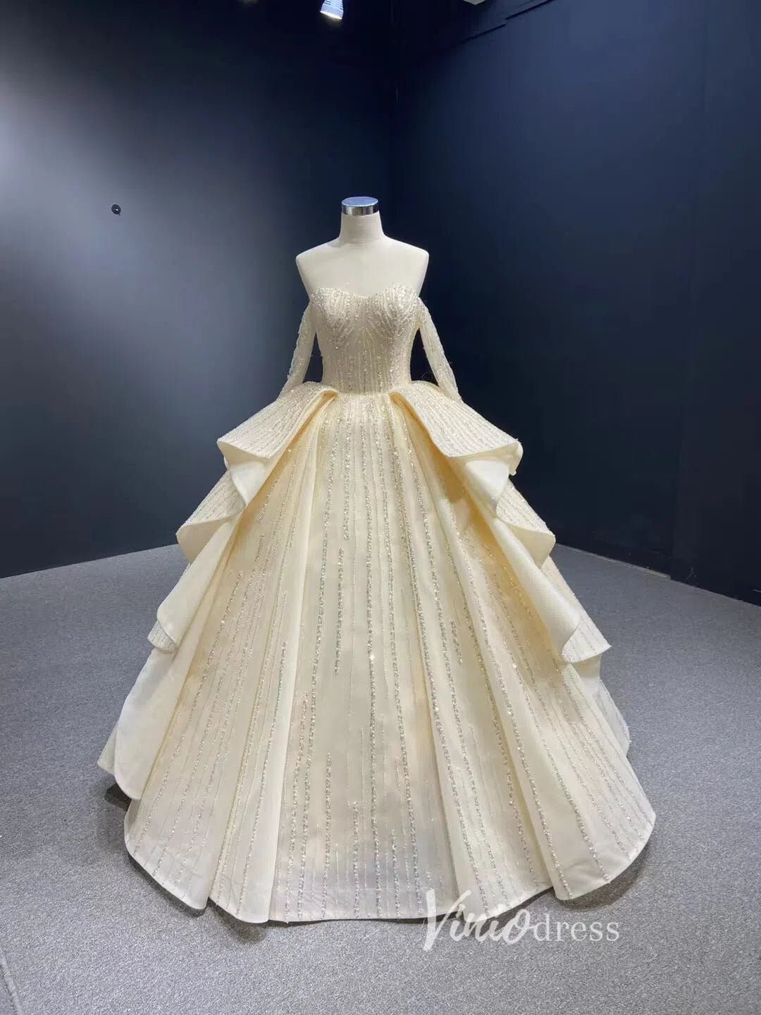 Beaded Gold Ball Gown Wedding Dresses Off the Shoulder Sweet 16 Dress 67241-wedding dresses 2025 -Viniodress-Champagne-Custom Size-