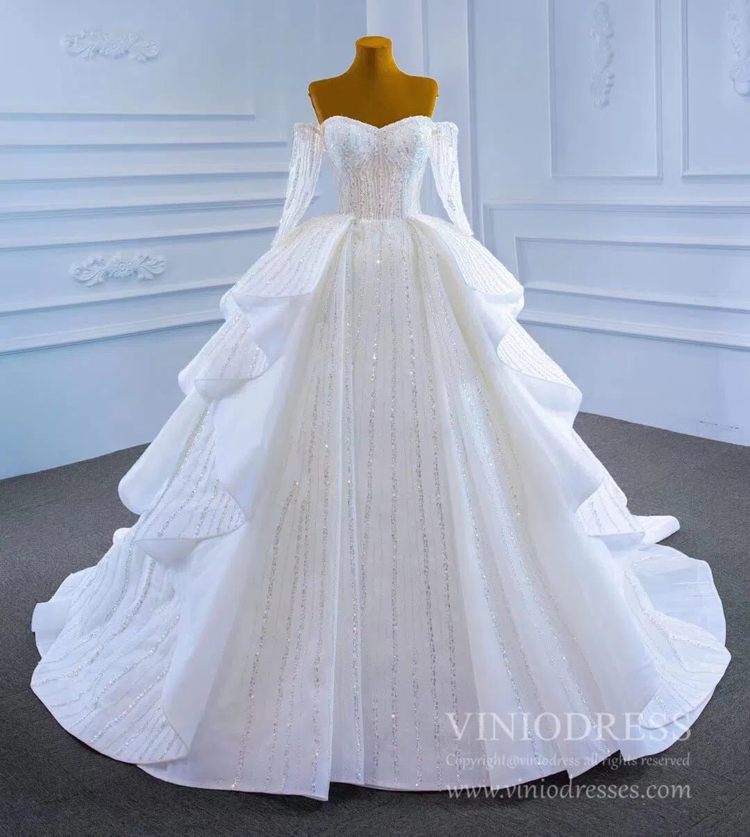 Beaded Gold Ball Gown Wedding Dresses Off the Shoulder Sweet 16 Dress 67241-wedding dresses 2025 -Viniodress-Gold-Custom Size-