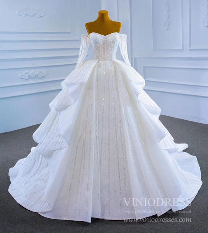 Beaded Gold Ball Gown Wedding Dresses Off the Shoulder Sweet 16 Dress 67241-wedding dresses 2025 -Viniodress-Gold-Custom Size-