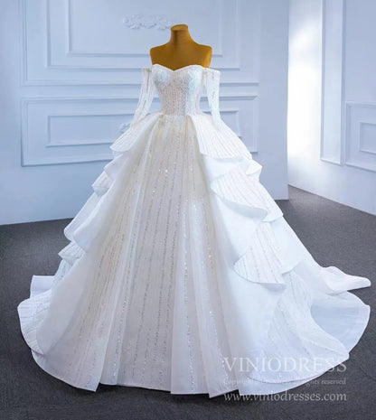 Beaded Gold Ball Gown Wedding Dresses Off the Shoulder Sweet 16 Dress 67241-wedding dresses 2025 -Viniodress-Gold-Custom Size-