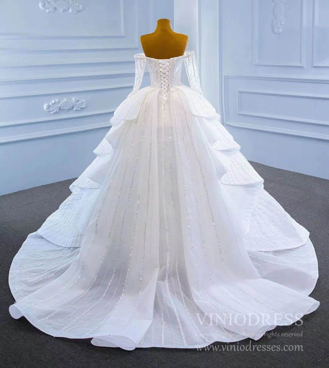 Beaded Gold Ball Gown Wedding Dresses Off the Shoulder Sweet 16 Dress 67241-wedding dresses 2025 -Viniodress-Gold-Custom Size-