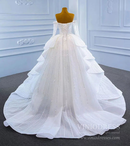 Beaded Gold Ball Gown Wedding Dresses Off the Shoulder Sweet 16 Dress 67241-wedding dresses 2025 -Viniodress-Gold-Custom Size-